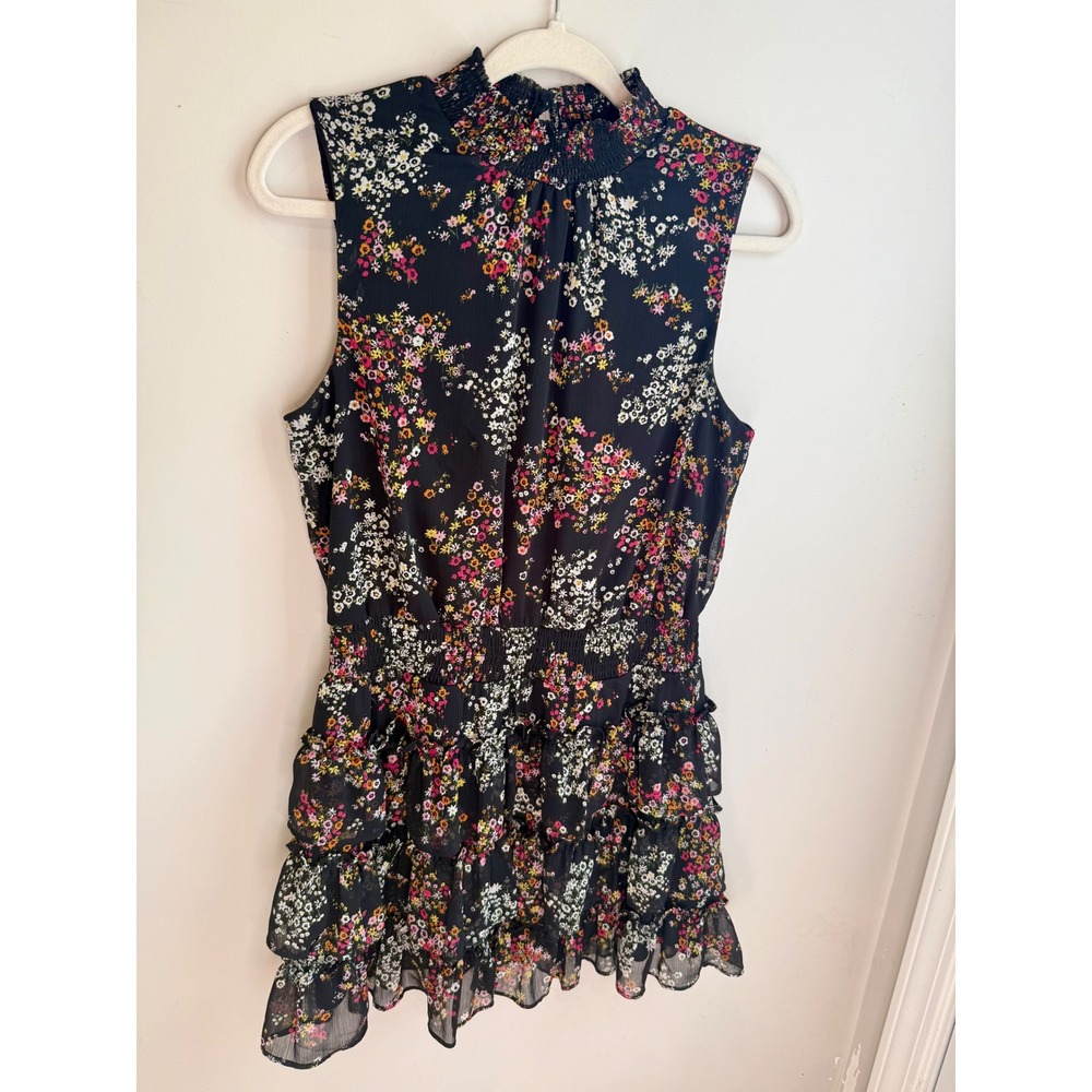 MSK Women's Smocked Floral Mock Neck Tiered Ruffle Mini Dress Black M Whimsigoth